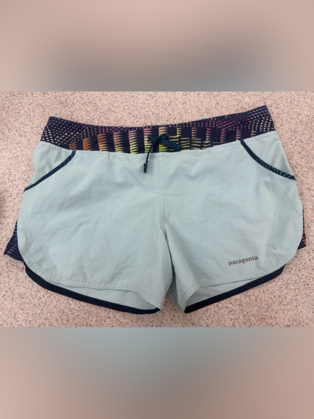 Patagonia Light Blue Women's Athletic Shorts with Patterned Navy Waistband